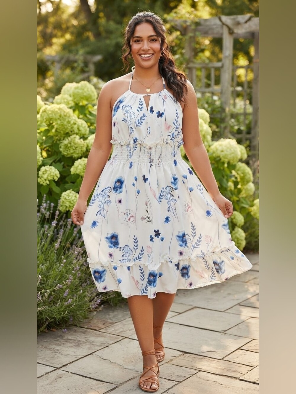SHEIN Curve Blue & White Floral Halter Summer Dress – Size 1XL